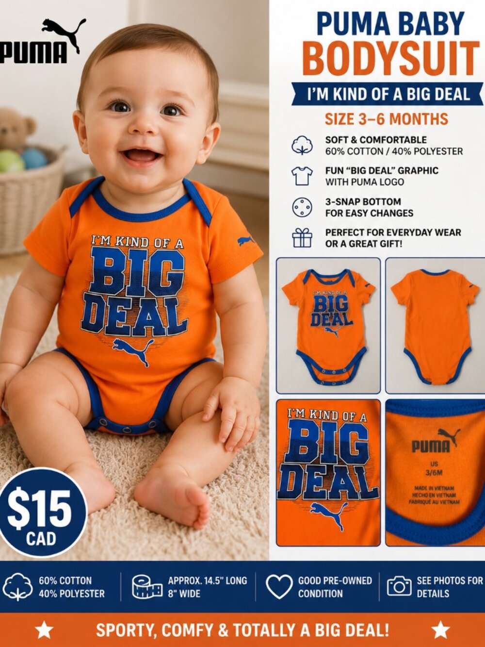🧡 PUMA Baby “I’m Kind of a Big Deal” Bodysuit – 3-6M